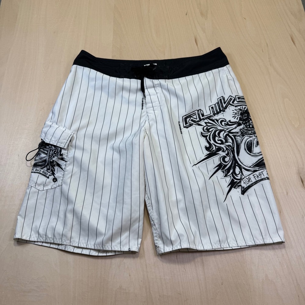 Quiksilver Men's Board Shorts White Pinstripe Graphic Print Cargo Pocket Surf